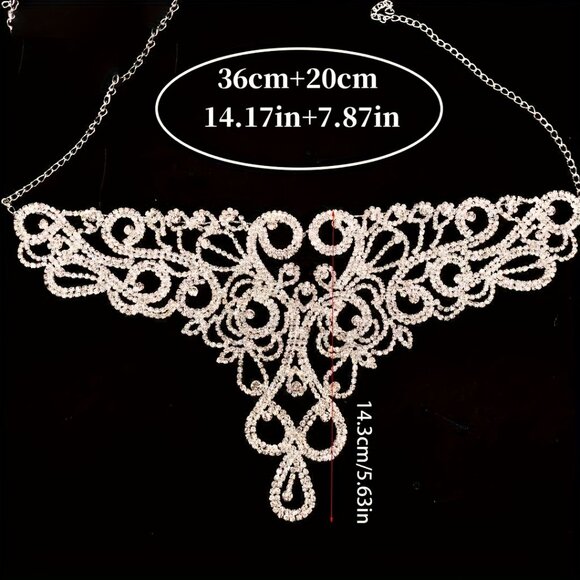 Intricate Silver and Gold Floral Necklace with Crystals - Picture 3 of 3